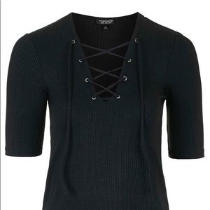 TOPSHOP black ribbed shirt lace up front